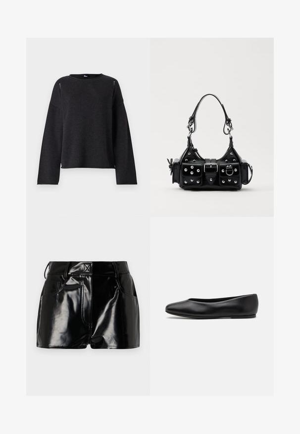 Czarny sweter dzianinowy z okrągłym dekoltem, z długimi rękawami i luźnym krojem. Zawiera subtelne detale na szwach ramion i u dołu.; Czarne, błyszczące spodenki wykonane z materiału syntetycznego. Posiadają dopasowaną talię, szlufki na pasek oraz przednie kieszenie z wyraźnymi detalami stębnowania.; Paul Smith TOPANGA czarny; Czarna skórzana torebka w zakrzywionym kształcie, z srebrnymi ćwiekami, klamrą i dwoma bocznymi kieszeniami. Regulowany pasek umożliwiający różne opcje noszenia.