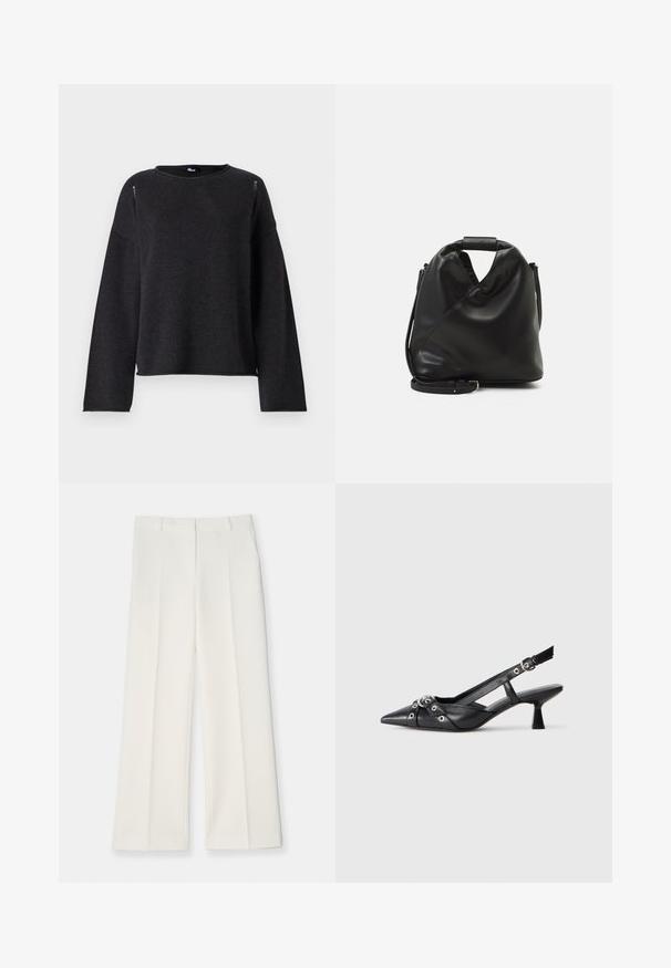 Zwarte gebreide trui met een ronde hals, lange mouwen en een relaxte pasvorm. Heeft subtiele details bij de schoudernaden en de zoom.; Wijd geplooide broek van licht crèmekleurige stof, met een gladde textuur, voorkeursplooien en twee zijkanten. Op maat gemaakte tailleband.; Zwarte leren slingback schoen met een puntige neus, decoratieve banden met metalen oogjes en een lage blokhak. Textuur oppervlak.; Zwarte, zachte leren tas met een unieke gedraaide vorm. Voorzien van een korte handgreep en een afneembare schouderriem. Minimalistische stijl.