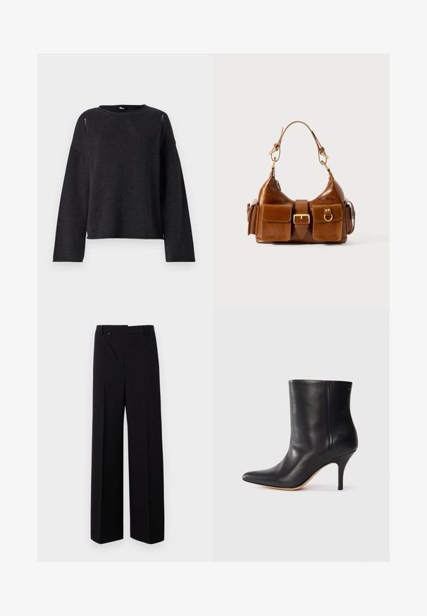 Juodas megztinis su apvaliu kaklu, ilgomis rankovėmis ir laisvu siluetu. Yra subtilūs akcentai peties siūlėse ir apatinėje dalyje.; Juodos plačios kojos kelnės su lygiu priekiu, mygtukų uždarymu ir lygiu audinio paviršiumi. Sukurtos su tiesiu kirpimu ir aštriomis linijomis.; Juodos odinės kulkšninių botų su smailiu nosiu, siauru stiletto kulnu ir lygia tekstūra. Minimalistinis dizainas, be matomų aparatūros ar akcentų.; Ruda odinė rankinė su išlenkta forma, dvigubais auksinės spalvos detalėmis, dviem priekiniais kišenėmis ir plačia dirželiu. Lygi tekstūra su blizgiu paviršiumi.