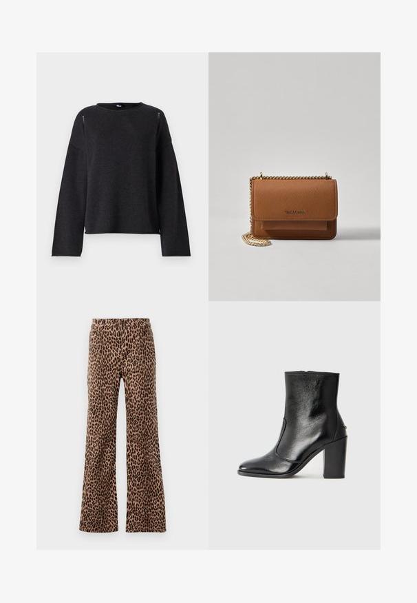 Pull en maille noir avec un col rond, des manches longues et une coupe décontractée. Présente des détails subtils au niveau des coutures des épaules et de l'ourlet.; Pantalons larges à imprimé léopard beige et noir, avec une texture lisse et un ourlet ajusté. Conception avec une taille standard et des poches.; Bottine en cuir noir, avec une texture lisse, un bout pointu et un talon chunky haut. Présente une ouverture sur le côté et un design minimaliste.; Sac en cuir texturé marron en bandoulière avec une sangle en chaîne dorée et une fermeture à rabat. L'avant présente un détail de logo et une poche sous le rabat.