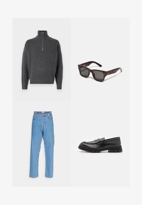Jack & Jones JOROLLIE HALF ZIP - Pullover - iron gate; Jeans taille haute droite bleu clair avec bouton à l'avant, fermeture éclair, passants de ceinture et design à cinq poches sur fond blanc.; Mocassins en cuir noir avec une finition lisse, présentant un détail de sangle à l'avant et une semelle en caoutchouc épaisse avec des accents striés.; Lunettes de soleil en écaille de tortue avec lentilles foncées, monture carrée et studs argentés en accent à l'avant. Fabriquées en plastique, légères et durables.