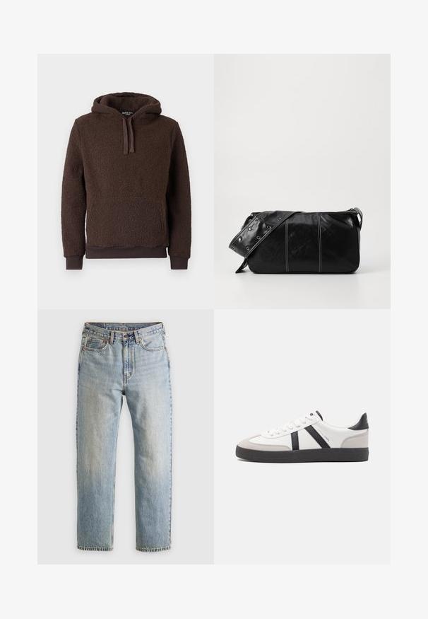 Brah barva flisasta kapuca z teksturirano površino, sprednja žep, kapuca na vrvico in rebrasti manšeti. Mehka, topla tkanina s sproščenim krojem.; Svetlo modri džins hlače z visokim pasom, sprednjim gumbom, zadrgo in petimi žepi, laid flat na nevtralni podlagi.; Bela športna obutev z črnimi in sivo akcenti, z teksturirano sivo kapico za prste, črnim gumijastim podplatom in ravnimi belimi vezalkami. Čista zasnova, minimalistični slog.; Črna usnjena torba za ramo z zadrgo, ki ima teksturirano telo, belo šivanje in trak s srebrnimi luknjami.