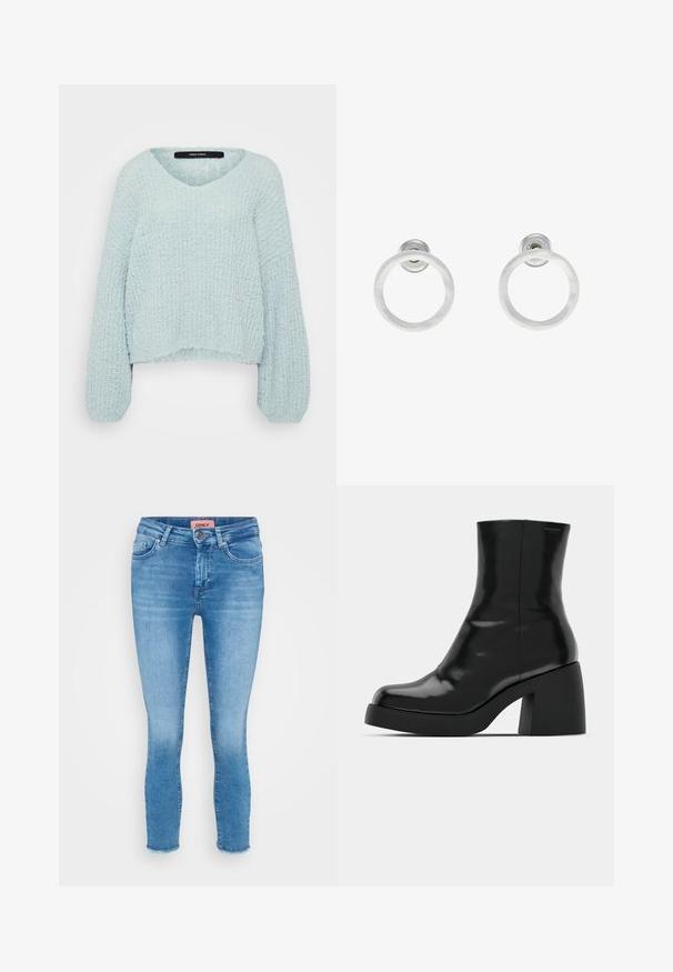 Light blue knitted sweater with a V-neck, long balloon sleeves, and a textured finish. Cropped length with a loose fit.; Three long-sleeve crop tops stacked, colors white, beige, and muted teal, with round necklines on a light gray background.; Light blue denim skinny jeans with a mid-rise waist, five-pocket design, and raw hem detail at the ankles. Brand label visible at the waist.; Black ankle boots with a glossy finish, square toe, and a thick block heel. The design features a seamless silhouette and minimal branding.; Silver metal hoop earrings with a brushed texture, featuring a circular design and a clear post back for secure wear.