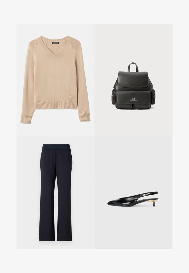 Beige gestrickter Pullover mit V-Ausschnitt, gerippten Bündchen und Saum, ausgestattet mit einem kleinen Etikett auf der linken unteren Seite. Glatte Textur. Leichtes Design.; Schwarze, lässig geschnittene Hosen mit breitem Bund. Hergestellt aus weichem Stoff, mit zwei Seitentaschen und einer glatten Textur. Keine sichtbaren Muster.; Schwarze Slingback-Pumps mit spitzem Zehenbereich, glänzendem Lederfinish und kleinem Absatz mit goldenen Akzenten. Elegantes Design mit offenem Rücken.; Schwarzer Leder-Rucksack mit Klappenverschluss, Fronttasche, seitlichen Reißverschlusstaschen und einem oberen Griff. Mit Logodetails auf der Vorderseite.
