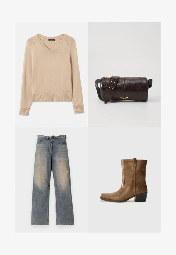 Beige knitted sweater with a V-neck, ribbed cuffs and hem, featuring a small label on the bottom left side. Smooth texture. Lightweight design.; Light blue denim jeans with a loose, straight-leg design. Features whiskering, fading, and distressed details near knees. Classic five-pocket style.; Brown leather ankle boot with a square toe, textured finish, and a low stacked heel. Features a rear pull tab and subtle stitching details.; Brown crocodile-embossed leather bag with a cylindrical shape, gold-tone hardware, and a detachable strap featuring studs.