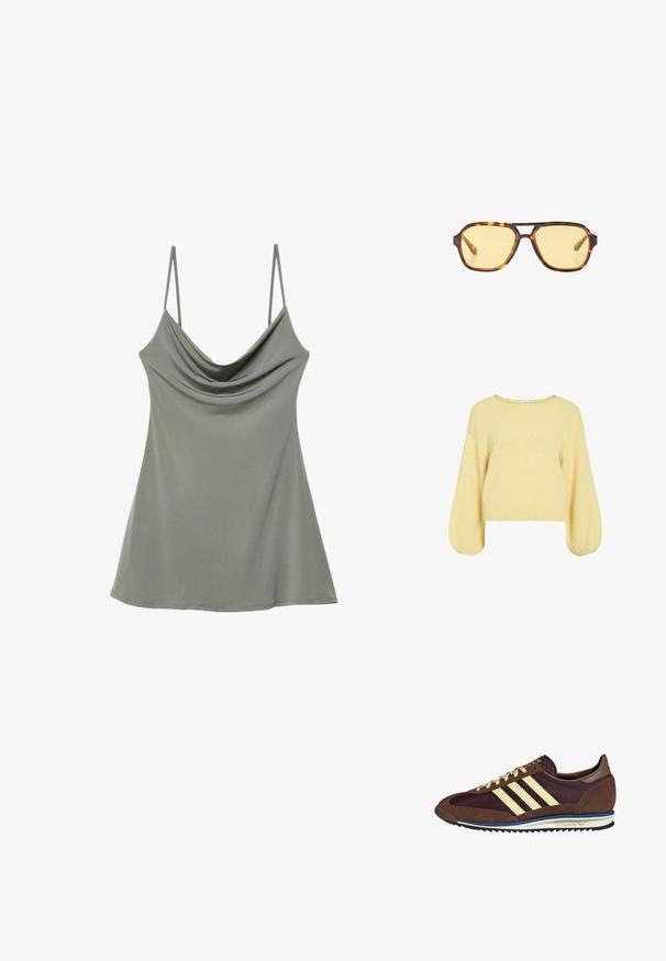 Żółty sweter robiony na drutach z okrągłym dekoltem, opadającymi ramionami i bufiastymi rękawami. Żebrowany dół oraz miękka, teksturowana tkanina.; Luźna, jasnoszara bluzka na ramiączkach z cienkimi, regulowanymi paskami, wykonana z miękkiego materiału, charakteryzująca się swobodnym krojem i gładką teksturą.; Brązowe i burgundowe sneakersy wykonane z zamszu i siateczkowych materiałów, z trzema kremowymi paskami, teksturowanym materiałem na języku i gumową podeszwą.; Okulary przeciwsłoneczne w kolorze wenge z geometrycznym wzorem, żółtymi soczewkami i metalowymi akcentami na zausznikach. Szeroka oprawa o matowej fakturze.; Brązowa skórzana torebka na ramię z wzorem logo, złotym łańcuszkiem na pasku, zapięciem na zamek błyskawiczny oraz złotymi akcentami. Kompaktowy i prostokątny kształt.