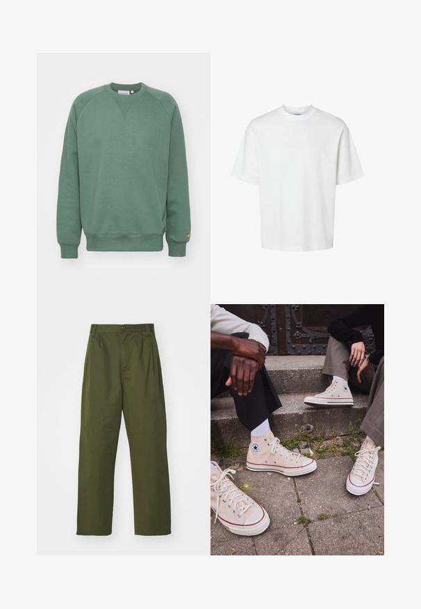 Sweatshirt verde com decote redondo, mangas raglan e punhos em ribana. Feita de um tecido suave com um pequeno emblema na bainha.; T-shirt branca de algodão com mangas curtas, decote redondo e um corte solto. Textura suave sem padrões ou detalhes visíveis.; Calças verde oliva de cintura alta com um design de perna reta. Feitas de um tecido leve, com pregas frontais e fecho de botão.; Ténis de cano alto em tela bege com risca vermelha, sola de borracha branca e ilhós de metal, apresentando o icónico logo da estrela na lateral.