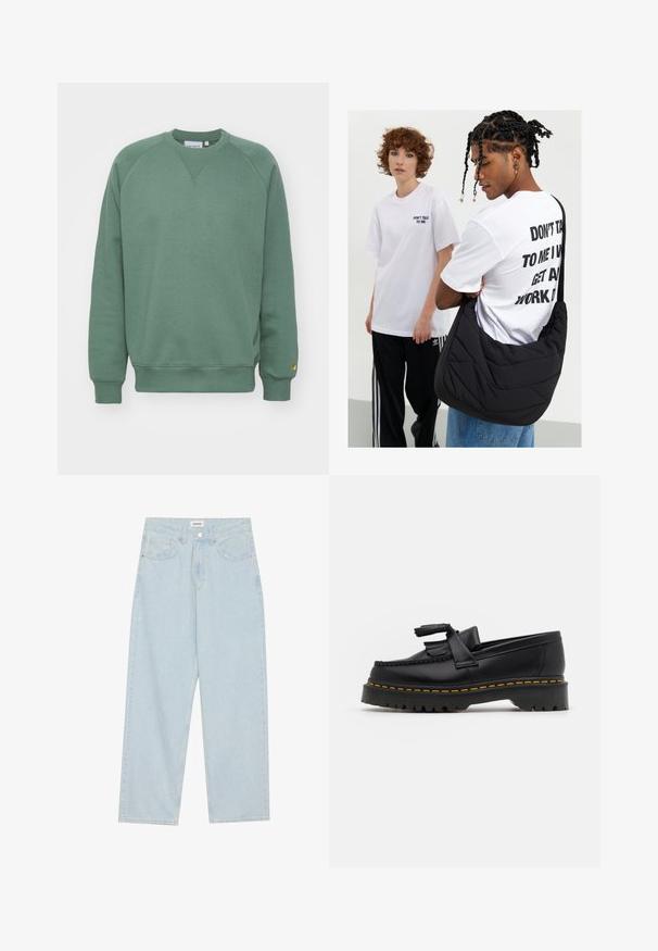Zöld pulóver kerek nyakkal, raglán ujjal és bordás mandzsettával. Puha anyagból készült, a hemnél egy kis logófelvarróval.; Világoskék, széles lábú farmernadrág, közepes derékkal, öt zsebbel és gombos záródással, vékony fémszínű akcentussal.; Fekete bőr mokaszin, rojtos díszítéssel, masszív fekete talppal és sárga varrással az élén. Texturált felület.; Fekete steppelt válltáska puha textúrával, egy fehér grafikás pólót viselő személyen, amely bátor szöveget tartalmaz. Lazán öltözködik farmernadrágban.