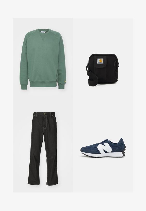 Zelená mikina s okrúhlym výstrihom, raglánovými rukávmi a rebrovanými manžetami. Vyrobená z jemného materiálu s malou nášivkou na leme.; Čierne denimové nohavice s voľným strihom, s kontrastným bielym prešívaním, uzáverom na gombík a rovnými nohavicami.; Námornícky modré športové topánky s bielym logom, semišovým a sieťovinovým zvrškom, vybavené polstrovaným golierom, plochými šnúrkami a textúrovanou čiernou gumovou podrážkou.; Čierna crossbody taška so zipsom, hlavnou priehradkou, prednou kapsou, nastaviteľným popruhom a viditeľnou nášivkou loga na klape.