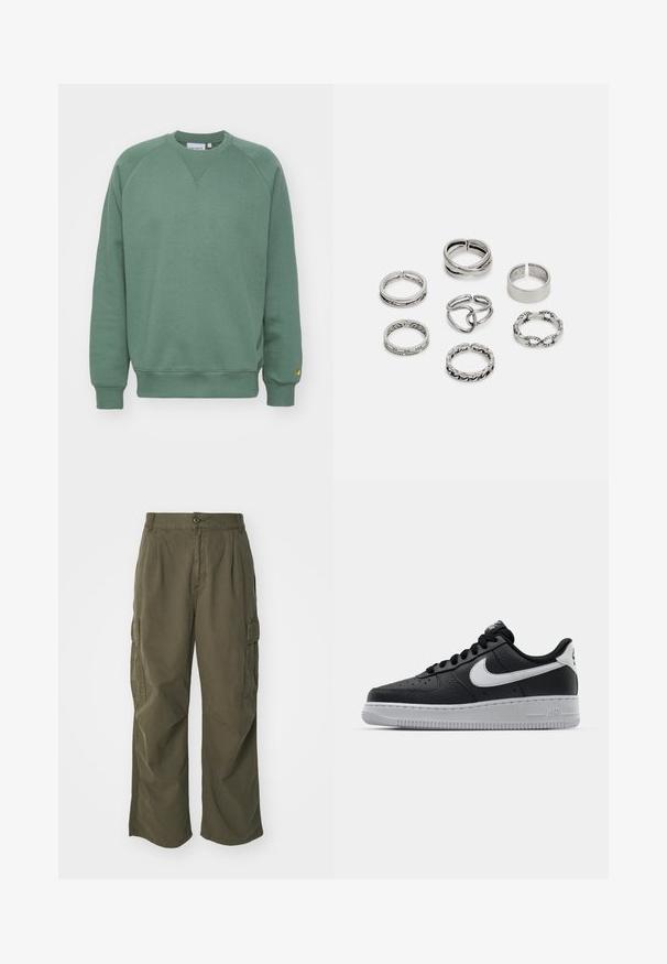 Roheline dressipluus ümmarguse kaelusega, raglan varrukatega ja soonikkoes mansettidega. Valmistatud pehmest kangast, millel on väike logo silt allääres.; Olivi rohelised cargo püksid, valmistatud puuvillast, laia jala disainiga, voldikute ja küljetaskutega praktilisuse huvides.; Must musta sneaker tekstureeritud pinnaga, valge Nike logo, hall tald, ümar varv ja paeltega disain. Omab perforatsioone varbakasti peal.; Seitsme hõbesõrmuse komplekt, millel on erinevad kujundid, sealhulgas keerdunud, seotud ja graveeritud mustrid. Erinevad kujundid ja laius.