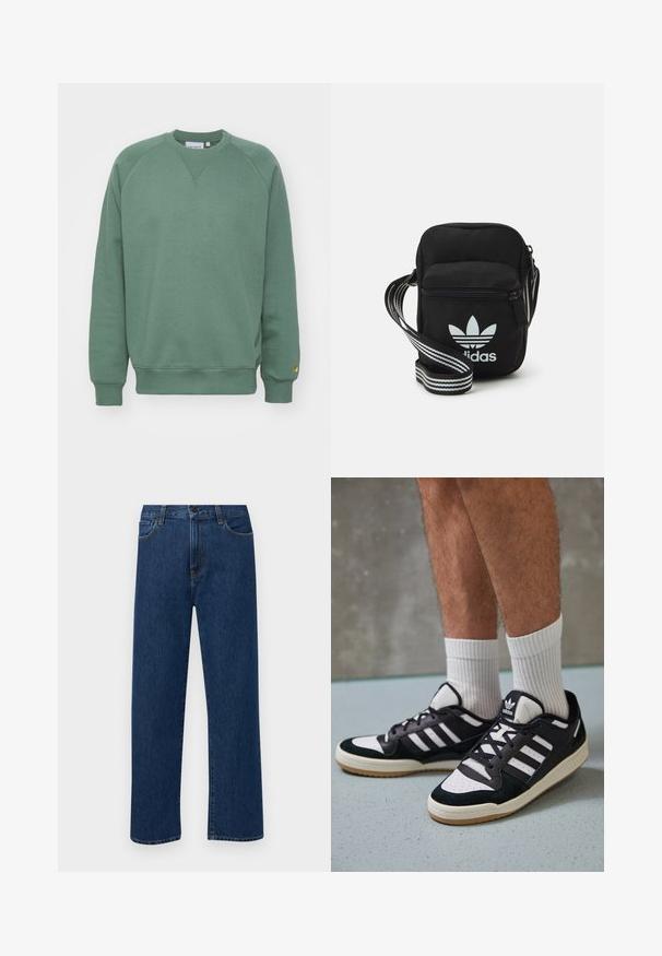 Grønn genser med rund hals, raglanermer og ribbestrikkede mansjetter. Laget av myk stoff med et lite logopatch på kanten.; Mørkeblå rette jeans i denim med frontlommer og knappelukking, vist på en enkel hvit bakgrunn.; Sorte og hvite sneakers med overdel i semsket skinn og lær, med tre hvite striper, perforert tå og en såle av gummi.; Svart stoff crossbody veske med glidelås, med en hvit Adidas-logo og enstripet justerbar stropp for enkel bæring.