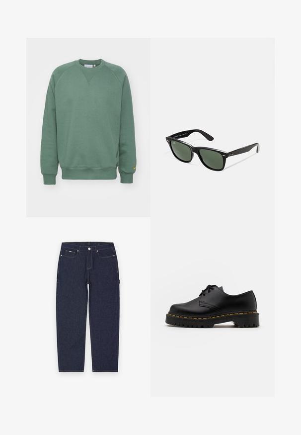 Felpa verde con scollatura a girocollo, maniche raglan e polsini a coste. Realizzata in tessuto morbido con una piccola etichetta con logo sull'orlo.; Pantaloni cargo in denim blu scuro con taglio diritto, caratterizzati da cuciture gialle visibili, tasche frontali e laterali, e chiusura con bottone in metallo.; Scarpa nera in pelle con lacci, punta arrotondata, suola in gomma texturizzata e cuciture gialle attorno alla base. Design piatto e finitura liscia.; Occhiali da sole in plastica nera con lenti verdi, montatura quadrata, dettaglio argento sulla parte superiore e steli con texture. Marchio indicato sulla parte interna dello stelo.