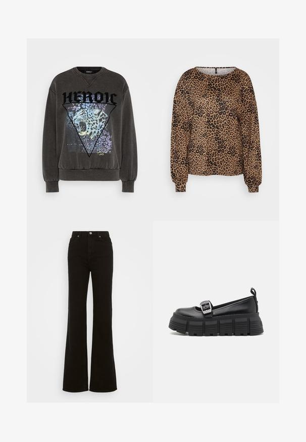 Dark gray sweatshirt featuring a triangle graphic with a leopard's face and "HEROIC" in bold black letters. Soft fabric with ribbed cuffs.; Brown long-sleeve sweater featuring a black leopard print, wide neckline, and elasticized cuffs. Soft, textured fabric with a relaxed fit.; High-waisted black flared jeans made of denim, featuring a button closure, side pockets, and a smooth texture.; Black platform loafers with a rounded toe, smooth leather upper, adjustable buckle, and textured rubber sole featuring horizontal ridges.