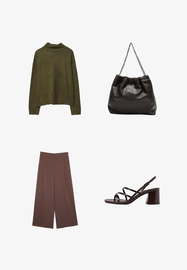Maglione a maniche lunghe color verde oliva con collo alto a costine, polsini e orlo, presentato steso su uno sfondo bianco.; Pantaloni ampi marroni con una texture liscia, caratterizzati da una vita alta e pieghe frontali. Il tessuto è leggero e scorre liberamente.; Sandalo con tacco alto e cinturini marrone, dotato di un tacco spesso, con una finitura liscia e lucida e numerosi cinturini incrociati sulla parte superiore.; Borsa in pelle marrone con parte superiore arricciata e tracolla a catena. Texture liscia con finitura lucida e dettagli di cucitura sottili sui lati.