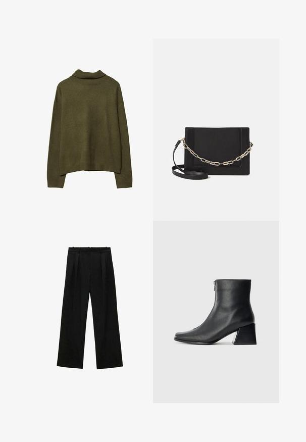 Maglione a maniche lunghe color verde oliva con collo alto a costine, polsini e orlo, presentato steso su uno sfondo bianco.; Pantaloni neri a gamba larga con pieghe, caratterizzati da una texture liscia e un design a vita alta. Stile minimalista, senza hardware o decorazioni visibili.; Stivaletto in pelle nera con punta quadrata, cerniera laterale e tacco squadrato su sfondo chiaro uniforme.; Borsa a tracolla nera in pelle con una texture liscia, forma rettangolare e dettaglio in catena metallica sul davanti. Inclusa una tracolla regolabile.