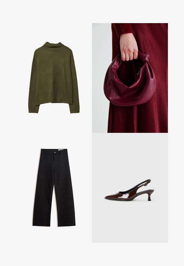 Olivengrüner Pullover mit langen Ärmeln und geripptem Stehkragen, Bündchen und Saum, flach auf einem weißen Hintergrund präsentiert.; Schwarze weit geschnittene Jeans mit hoher Taille, ausgestattet mit Vorder- und Hintertaschen, gesteppten Nähten und einem Knopfverschluss. Glatte Textur.; Braune Lackleder-Slingback-Schuhe mit spitzer Zehe und moderatem Absatz. Mit einem Schnallenriemen für einen sicheren Sitz. Glatte Textur.; Burgunderleder-Handtasche mit einem weichen, gerafften Design und einer gerundeten Form. Der Griff ist gesichert und zeigt eine glatte Textur.
