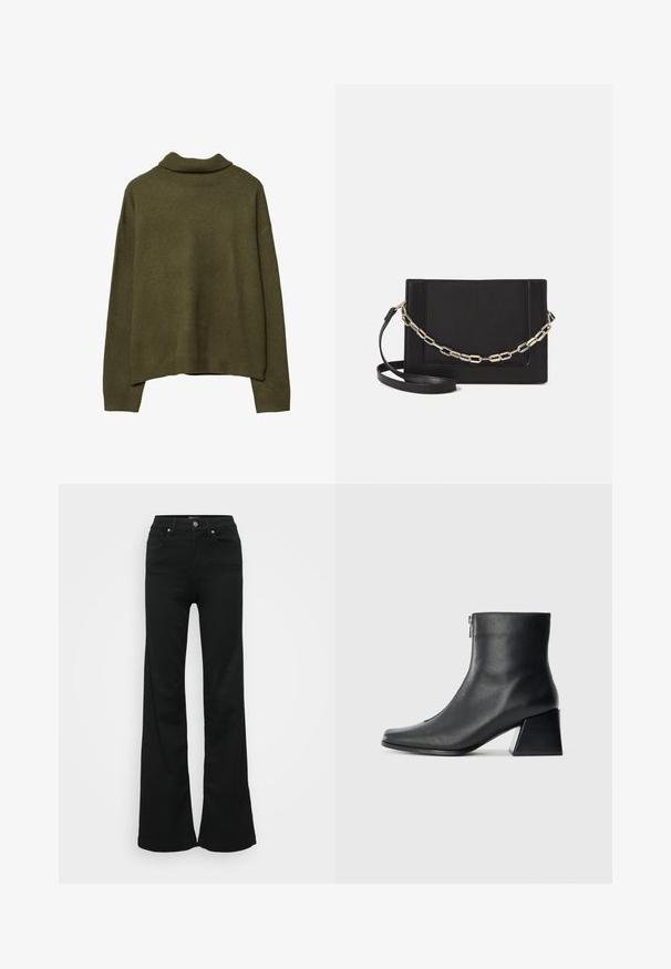 Olijfgroene pullover trui met lange mouwen, voorzien van een geribbelde opstaand kraag, manchetten en zoom, plat weergegeven op een witte achtergrond.; Zwarte wijde jeans gemaakt van denim, met een hoge taille, vijf zakken en een metalen knoopsluiting. Gladde textuur met minimale detailing.; Zwarte leren enkellaars met vierkante neus, zijrits en blokhak tegen een effen lichte achtergrond.; Zwarte leren schoudertas met een gladde textuur, rechthoekige vorm en een metallic kettingdetail aan de voorkant. Verstelbare schouderband inbegrepen.; Gouden ringoorbellen, vier stuks, met een gladde afwerking, afgerond ontwerp, variërende maten, voorzien van een scharniersluiting voor gemakkelijk dragen.