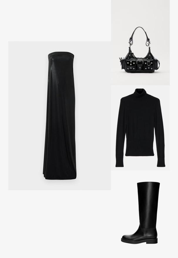 AERON TENDER LONG SLEEVED - Pulóver - black; Fekete, pánt nélküli maxi ruha sima, fényes anyagból. Feszes felsőrésze és lebegő sziluettje van, a földig ér, díszítések nélkül.; Fekete bőrből készült, térd fölé érő csizma sima textúrával, lekerekített orral, visszafogott dizájnnal és alacsony, blokkal. Nincs látható fémalkatrész vagy minta.; Fekete bőr kézitáska ívelt designnal, ezüst szegecsekkel, csattal és két oldalsó zsebbel. Állítható vállpánt a hordozási lehetőségekhez.