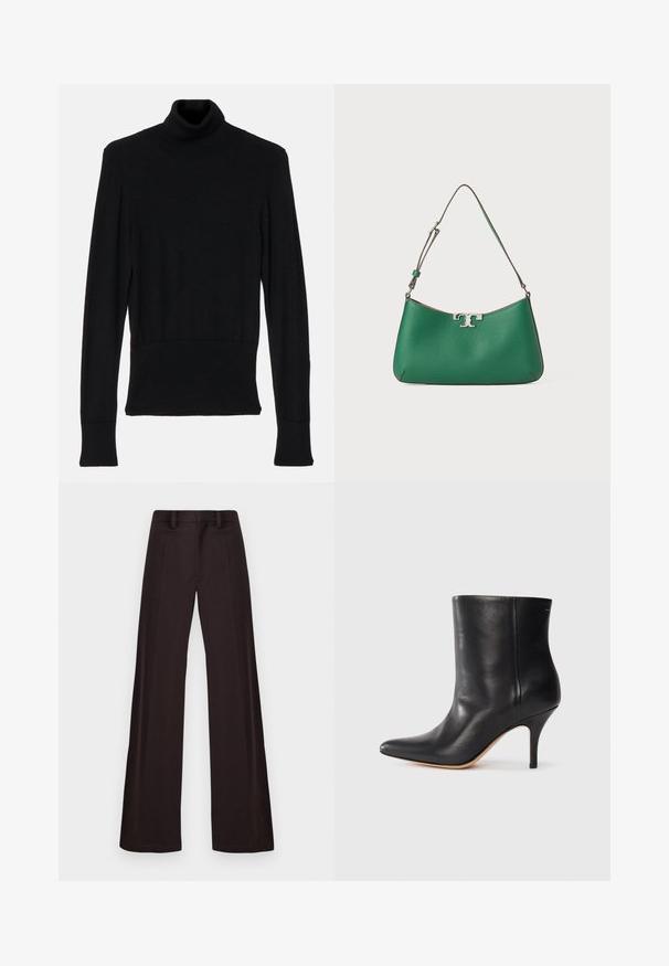AERON TENDER LONG SLEEVED - Camisola - black; Calças largas feitas de tecido escuro, com uma textura suave, passantes para cinto e um vinco frontal, apresentando um design limpo e sem adornos.; Botim de tornozelo em pele preta com biqueira pontiaguda, salto fino em stiletto e textura suave. Design minimalista sem hardware ou detalhes visíveis.; Bolsa de mão verde em couro com formato curvo, com adornos em metal prateado, acabamento texturizado e uma única alça de ombro ajustável.