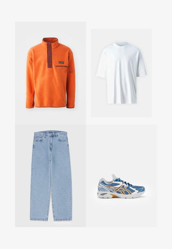 Pullover in pile arancione con colletto alto, patta con bottoni marroni e tasca con zip sul petto. Tessuto morbido con vestibilità relaxed.; Maglietta bianca a maniche corte realizzata in morbido cotone. Caratterizzata da un collo rotondo, una vestibilità comoda e una texture liscia. Nessun motivo o dettaglio visibile.; Jeans in denim azzurro chiaro con design a gamba dritta, caratterizzati da una vita media, cinque tasche e chiusura con bottone e zip.; Scarpa sportiva blu con tomaia in rete, dettagli bianchi e arancioni, intersuola ammortizzata e suola in gomma testurizzata. Presenta un design con lacci.