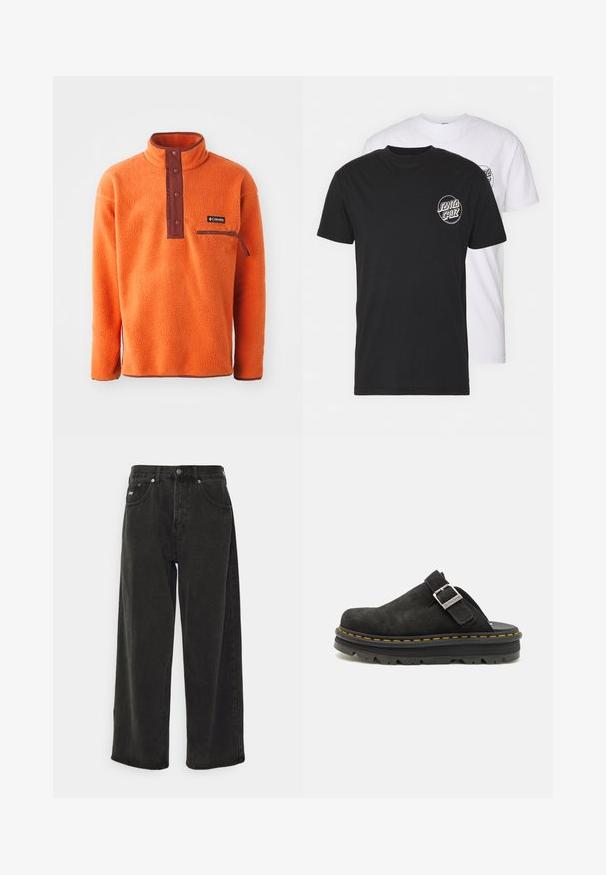 Oranžinis fliso megztinis su aukštu apykaklės, rudos spalvos mygtukų užsegimu ir užtrauktuku uždaromu kišenė ant krūtinės. Minkšta tekstūra su laisvalaikio siluetu.; Dviejų marškinėlių komplektas: vieni juodi, kiti balti. Abu turi trumpas rankoves ir apvalų logotipą ant krūtinės kontrastingos spalvos. Pagaminti iš medvilnės.; Obey Clothing BIGWIG BAGGY - Platūs džinsai - black; Juodas zomšinis klumpes su reguliuojama dirželiu, turinčios storesnį juodą gumos padu ir kontrastingą geltoną siūlę aplink kraštą.