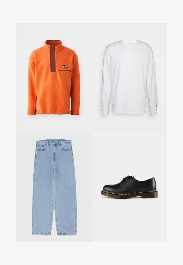 Orange fleecetrøje med høj krave, brun knaplukning og lynlåslomme på brystet. Blød tekstur med en afslappet pasform.; Hvid langærmet T-shirt lavet af bomuld. Rund halsudskæring med ribbede manchetter og et lille logo på venstre ærme. Glat tekstur.; Lyseblå denimjeans med straight leg-design, der har en mid-rise talje, fem lommer og en lukning med knap og lynlås.; Sort lædersko med rund tå, snørebåndsdesign, gul syning langs sålen og en kraftig, tekstureret gummisål.