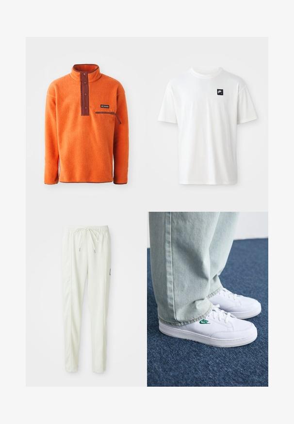 Oranger Fleece-Pullover mit hohem Kragen, braunem Knopfleisten und Reißverschlusstasche auf der Brust. Weicher Stoff mit lässiger Passform.; Weißes Baumwoll-T-Shirt mit kurzen Ärmeln und Rundhalsausschnitt; zeigt ein kleines schwarzes rechteckiges Nike Air-Logo auf der linken Brust.; Weiße, körpernahe Jogginghose mit elastischem Bund und Kordelzug, ausgestattet mit seitlichen Nähten und einem kleinen schwarzen Patch am rechten Bein.; Weiße Leder-Sneaker mit grünem Nike-Logo, runde Zehenpartie, flache Sohle, kombiniert mit hellblauen Jeans, präsentiert auf einem blauen Teppich.