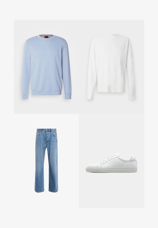 Felpa azzurra chiara in misto cotone, con collo a giro e maniche lunghe, caratterizzata da un piccolo logo in rilievo sul petto.; Camicia bianca in cotone a maniche lunghe con scollatura rotonda, spacchi laterali in fondo e una texture liscia, mostrata da dietro.; Jeans in denim blu chiaro con design a gamba dritta, cinque tasche, chiusura con bottone, leggero sbiadimento e dettagli di cucitura a contrasto.; Sneaker bianco con tomaia in pelle liscia e profilo basso. Presenta una punta arrotondata, sei occhielli e una suola in gomma testurizzata.