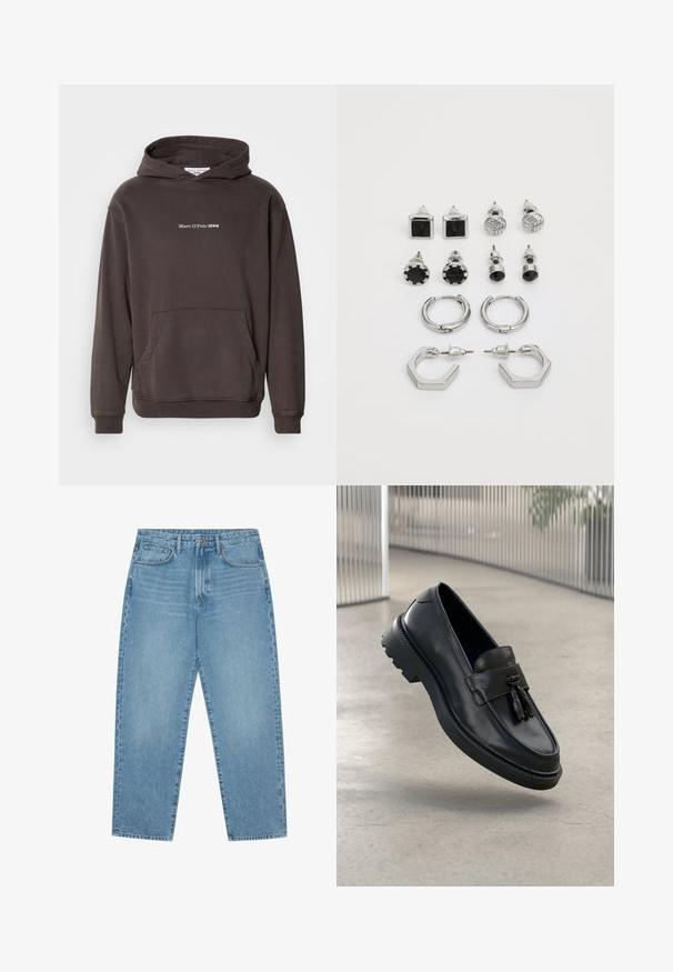 Smeđi dukserica s prednjim đepom, rebrastim manžetama i rubom. Sadrži bijeli natpis "Marc O'Polo DENIM" na grudima. Mekan materijal.; Svijetlo plave traperice ravnog kroja s pet džepova i blago izblijedjelom teksturom. Imaju kopčanje na gumb i patentni zatvarač.; Crne kožne mokasinke s glatkim završetkom, ukrasnom resom, debelim gumenim đonom i ušivenim detaljima. Lagan i elegantan dizajn.; Set srebrnastih naušnica, koji se sastoji od dva para hoop naušnica i šest pari naušnica sa štiklom u raznim oblicima i teksturama, uključujući crne akcentne boje.