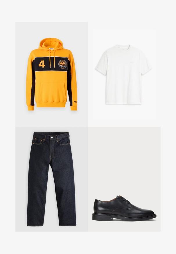 Dzelteni un melni kapuces džemperis ar priekšējo kabatu, baltu svītru, skaitli "4" un apļveida logo, kas attēlo palmas un vārdu "Miami 2025."; Balta kokvilnas T-krekls ar īsām piedurknēm, apaļu kakla izgriezumu un maigi redzamu Levi's logotipu centrā. Mīksta tekstūra un standarta piegriezums.; Tumši zili džinsi ar taisnu piegriezumu, piecām kabatām, kontrastējošiem apelsīnu diegiem un ar pogu aizdari. Nav redzamu rakstu vai rotājumu.; Melnas ādas kleitu kurpes ar apaļu purngalu, auklu dizainu un zemu sakrautu papēdi. Gluda virsma ar minimālām šuvju detaļām.