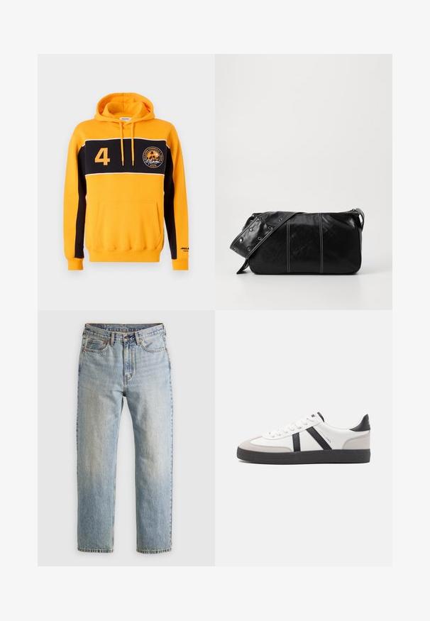 Žltá a čierna mikina s kapucňou, predným vreckom, bielym pruhom, číslom "4" a kruhovým logom s palmami a nápisom "Miami 2025."; Svetlomodré džínsy s vysokým pásom, predným gombíkom, zipsom a dizajnom s piatimi vreckami, rozložené na neutrálnom pozadí.; Biele tenisky s čiernymi a šedými akcentmi, s textúrovanou šedou špičkou, čiernou gumovou podrážkou a plochými bielymi šnúrkami. Čistý dizajn, minimalistický štýl.; Čierna kožená kabelka cez plece so zipsovým uzáverom, so štruktúrovaným telom, bielym prešívaním a popruhom so striebornými očkami.