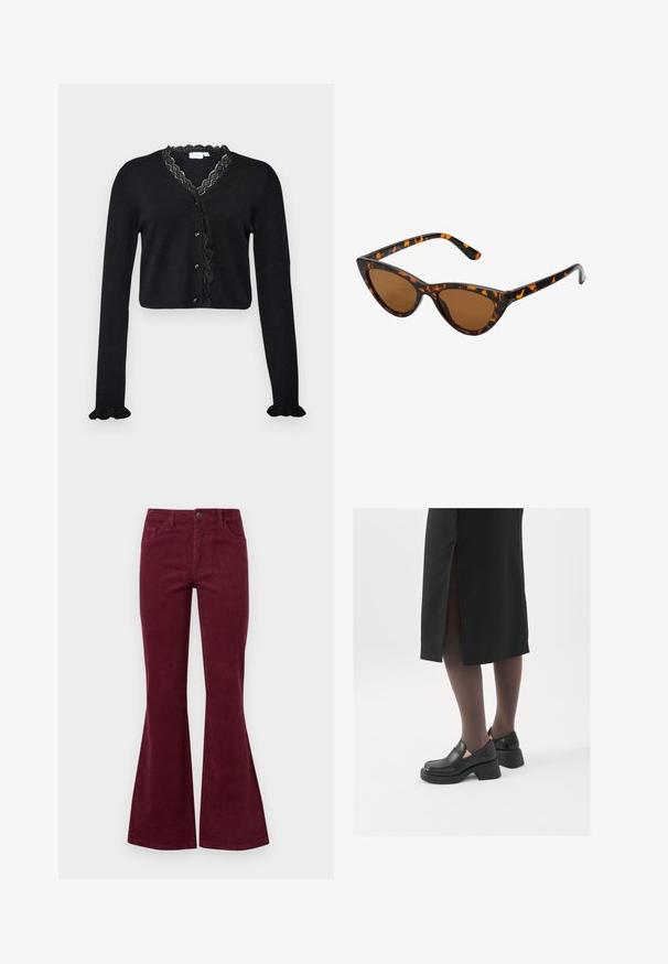 Melnā īsā kardigāna izgatavota no adītas auduma, ar viļņotu mežģīņu apdari ap kakla izgriezumu, pogu aizdari un volānu detaļām pie aprocēm.; Burgundijas krāsas korduroja platu kāju džinsi ar pieciem kabatām, priekšējo pogu aizdari un teksturētu audumu. Platus kāju gali izplešas no ceļgala līdz hemam.; Melni ādas apavi ar noapaļotu purngalu, biezām bloku papēžiem un elastīgiem sānu akcentiem, apvienoti ar tumšām zeķubiksēm un melnu svārku ar šķirbu.; Kaķa acs saulesbrilles ar melnu un oranžu bruņurupuču rakstu rāmi, brūnām lēcām un elegantiem, norādītiem galiem. Rāmī ir minimālists logos uz tempļa.