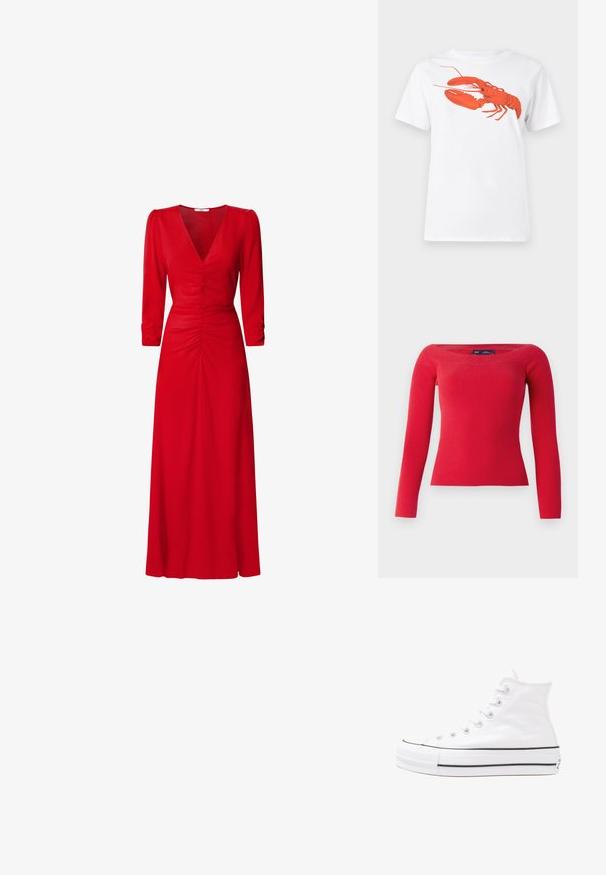 Roter, gerippter Pullover mit langen Ärmeln, weitem Ausschnitt und figurbetonter Silhouette, aus einem dehnbaren Strickstoff gefertigt.; Weißes Baumwoll-T-Shirt mit einem großen, leuchtend roten Hummer-Design auf der Vorderseite. Mit kurzen Ärmeln und klassischem Rundhalsausschnitt.; Rotes Kleid mit V-Ausschnitt, 3/4-Ärmeln und Raffung an der Taille und am Rücken. Der Stoff wirkt glatt und leicht.; Weiße hochwertige Leinensneaker mit schwarzer Gummisohle, vorderem Gummizehenschutz und sechs Ösen für Schnürsenkel, die ein sauberes, minimalistisches Design aufweisen.; Rote Lederhandtasche mit einem kantigen, geometrischen Design. Verfügt über einen verstellbaren Schulterriemen und einen Klappenverschluss mit genähten Details.