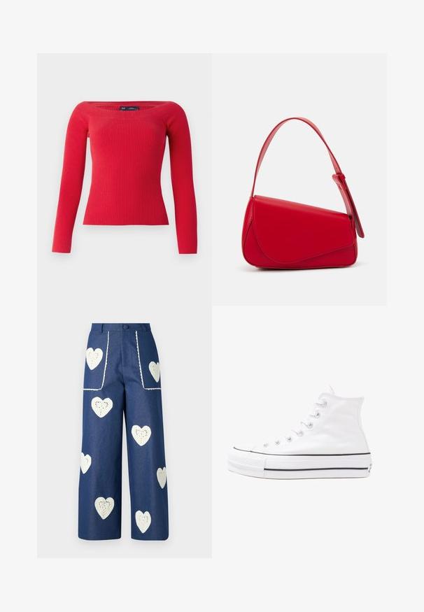 Rød ribbestrikket genser med lange ermer, bred halslinning og tettsittende silhuett, laget av et elastisk strikket stoff.; Sister Jane HEART TO HEART - Jeans straight leg - blue denim; Hvit høy-skinn kanvas sneakers med svart gummisåle, gummitåhette foran og seks hull for snorer, med et rent, minimalistisk design.; Rød lærveske med en vinklet, geometrisk design. Har en enkelt justerbar stropp og en klaffelukking med sydd detaljer.