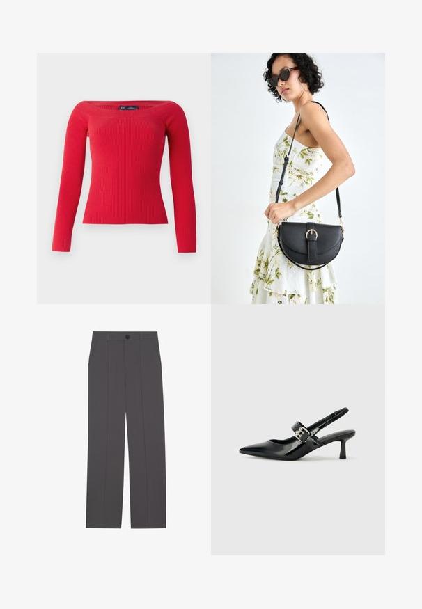 Röd ribbad långärmad tröja med en bred halsringning och en åtsittande silhuett, tillverkad av ett elastiskt stickat tyg.; Grå byxor med rak ben-design, som har två sidofickor och knappstängning. Slät tyg utan synliga mönster eller detaljer.; Svarta patentläder slingback-klackar med spetsig tå och en liten blockklack, med en silvrig spänneaccent på remmen.; Svart läderhandväska med en böjd form, avtagbar rem och guldiga detaljer. Väskan har ett lock med en spänndetalj.