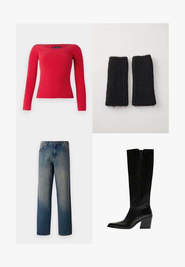 Rød ribbet langærmet sweater med en bred halsudskæring og en tætsiddende silhuet, lavet af et strækbart strikket stof.; Blå denim jeans med et lige ben design, der har en fading fra mørk til lys, fem-lommemodel og en knaplukning i taljen.; Sorte knæhøje støvler lavet af glat læder, med spids tå, blokhæl og en V-formet udskæring foroven.; Pieces PCNAMBI ARMWARMER - Kortfingerhandsker - black