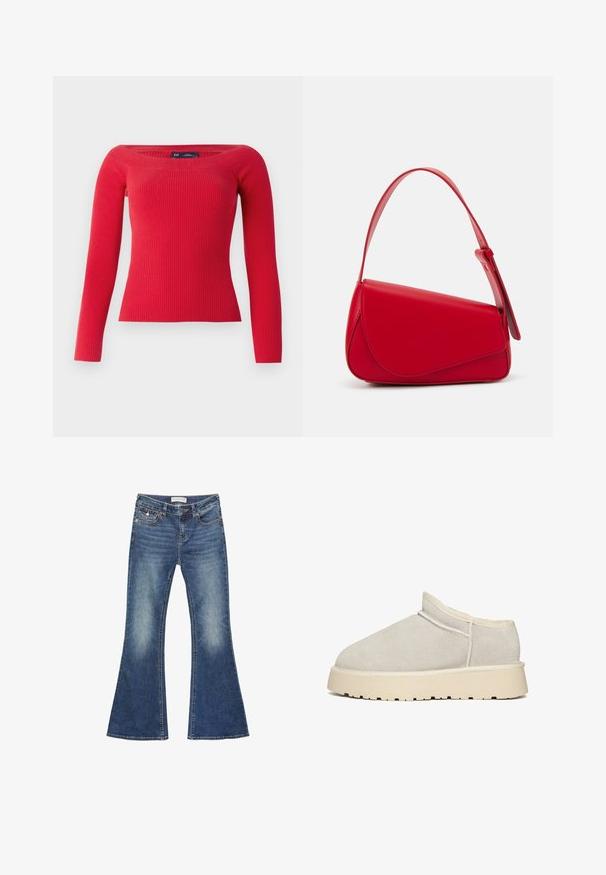 Roter, gerippter Pullover mit langen Ärmeln, weitem Ausschnitt und figurbetonter Silhouette, aus einem dehnbaren Strickstoff gefertigt.; Jeans im Schlagstil aus mittlerem Blau mit Ausbleichungen. Sie verfügen über ein klassisches Fünf-Taschen-Design und Kontrastnähte mit einem Knopfverschluss.; Beige Wildleder Slip-On-Schuh mit runder Zehenpartie, gepolstertem Kragen und dicker, cremefarbener Sohle mit Profil für besseren Grip. Nahtdetails sichtbar.; Rote Lederhandtasche mit einem kantigen, geometrischen Design. Verfügt über einen verstellbaren Schulterriemen und einen Klappenverschluss mit genähten Details.