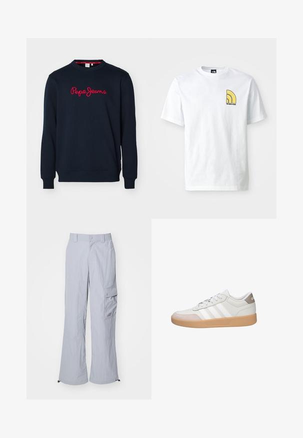 Sudadera azul marino de algodón, con mangas largas, cuello redondo y el logo bordado en rojo "Pepe Jeans" en la parte frontal.; Camiseta de algodón blanca con cuello redondo, que presenta un logotipo amarillo y negro en el lado izquierdo del pecho. Mangas cortas y diseño de ajuste estándar.; Pantalones cargo de color gris claro, fabricados en un material ligero, con un corte relajado, bolsillos laterales y dobladillos ajustables para mayor versatilidad.; Zapatilla blanca con detalles grises y tres rayas blancas. Parte superior de cuero suave, suela de goma en tono neutro, punta redondeada y cierre con cordones.