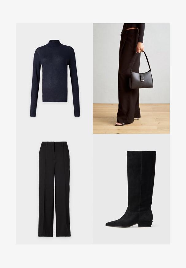 Mornarska turtleneck pulover z dolgimi rokavi, rebrast tekstura in rahlo lesketanje. Prilagojena oblika, mehak material ter brez vidnih dodatkov ali okraskov.; Črne hlače s ravnim krojem, ki imajo dva sprednja nabora, pas in brez vidnih žepov ali okrasnih elementov.; Črne nubuk škornje do kolen s koničastim nosom, nizkim blok peto in brezšivnimi stranicami. Čista zasnova brez vidnih kovinskih delov ali akcentov.; Črna torbica z strukturirano obliko, gladko teksturo in kovinskim zaponko. Ujemajo se z širokimi črnimi hlačami in odprtimi sandali na lesenem tleh.