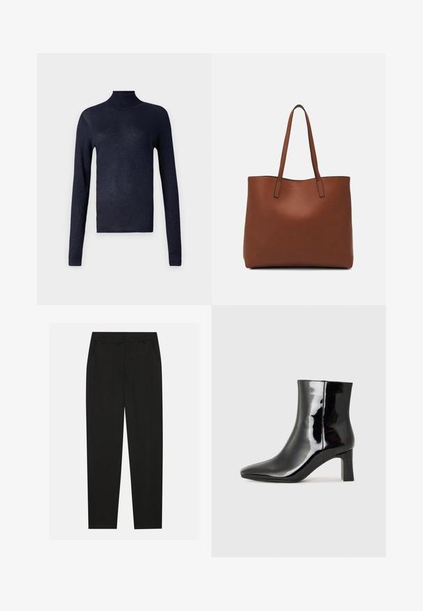 Mornarska turtleneck pulover z dolgimi rokavi, rebrast tekstura in rahlo lesketanje. Prilagojena oblika, mehak material ter brez vidnih dodatkov ali okraskov.; Črne hlače z oblikovanim krojem, ki imajo stranske žepke in ravno nogavico. Narejene so iz gladkega, lahkotnega materiala z elegantnim zaključkom.; Črne lakirane gležnjarje z ošiljenim nosom in srednje visokim blokastim peto. Gladka tekstura in minimalističen dizajn.; Rjava usnjena torba z gladko teksturo, odprto zasnovo zgoraj in dvema naramnima trakovoma. Opremljena je z minimalnim šivanjem in brez vidnih kovinskih delov.