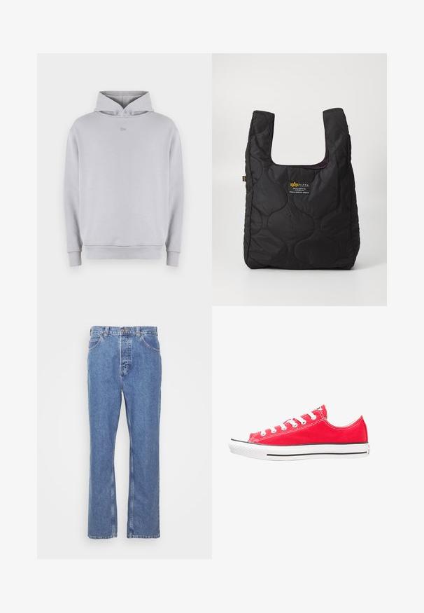 Sudadera gris claro con un escote redondeado, mangas largas, puños acanalados y un logo sutilmente bordado en el pecho. Material suave y corte casual.; Vaqueros de mezclilla azul con un corte recto, diseño de cinco bolsillos, pasadores para cinturón y cierre de botón. La tela tiene un acabado suave y texturizado.; Zapatilla de lona roja con puntera y suela de goma blanca. Presenta cinco pares de ojales blancos, una franja lateral negra y una superficie texturizada.; Bolsa tote acolchada negra con una gran abertura, formas curvas en la superficie y una etiqueta con texto amarillo y blanco en la parte frontal.