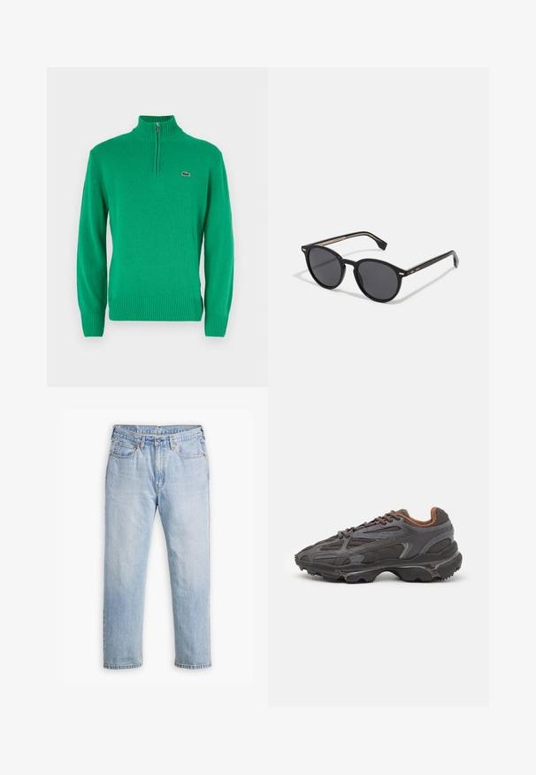Lacoste Strickpullover - vert; Helle blaue Denim-Jeans mit geradem Bein, im Fünf-Taschen-Stil und kontrastierenden Nähten. Knopf- und Reißverschluss an der Taille.; Lacoste Sneaker in Dunkelgrau aus Mesh und Synthetikmaterial, mit einer strukturierten Sohle und braunen Akzenten am Kragen und Logo.; BOSS Sonnenbrille - black