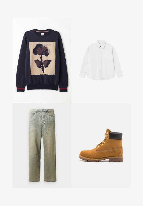 Felpa navy con un pannello centrale beige caratterizzato da una grande stampa floreale scura. Maniche a costine con dettagli rossi. Tessuto morbido.; Camicia bianca con colletto classico, maniche lunghe e orlo arrotondato; presenta un piccolo logo arancione sul lato sinistro in basso.; Jeans in denim strappato di colore verde chiaro, con gamba dritta, design a cinque tasche, sbiaditure irregolari e schizzi di vernice.; Stivale alla caviglia in suede tan con collare imbottito nero, occhielli in metallo dorato, dettagli in cucitura bianca e suola in gomma robusta con battistrada pronunciato.