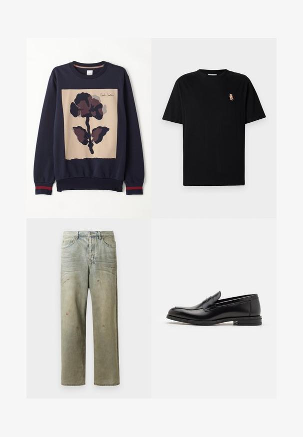 Navy sweatshirt featuring a central beige panel with a large dark floral print. Ribbed cuffs with red accents. Soft material.; Black short-sleeve crew neck t-shirt with small embroidered orange fox logo on left chest.; Distressed denim jeans in light green, featuring a straight leg, five-pocket design, and uneven fading with paint splatters.; Black leather loafers with a smooth texture, rounded toe, and a decorative strap across the vamp. Low stacked heel, minimalist design.