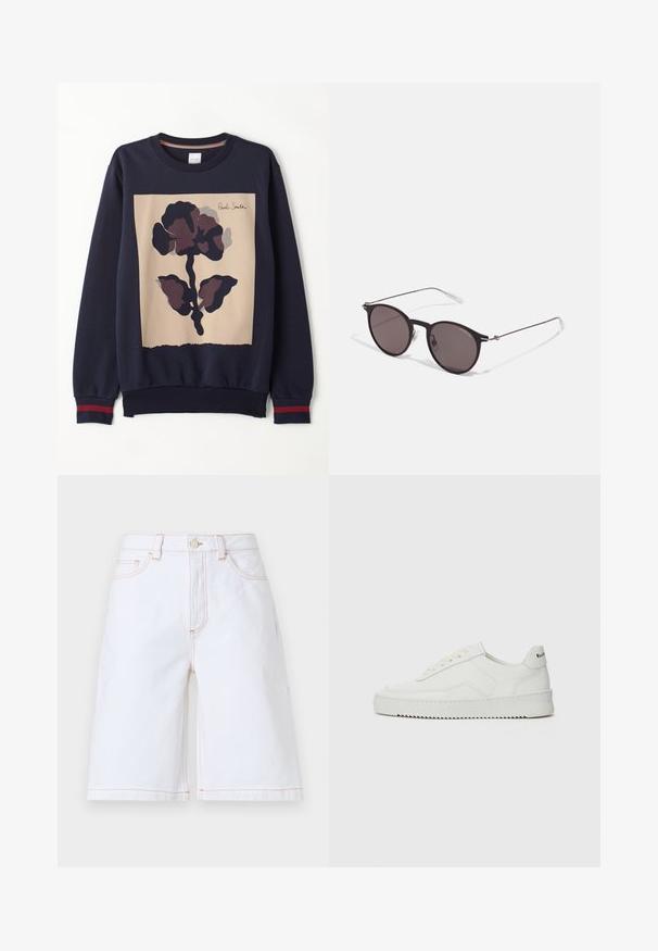 Felpa navy con un pannello centrale beige caratterizzato da una grande stampa floreale scura. Maniche a costine con dettagli rossi. Tessuto morbido.; Bermuda in denim bianco con taglio dritto, cinque tasche e cuciture in contrasto color beige. Include una chiusura con bottone frontale e zip.; Sneaker in pelle bianca con una finitura liscia, punta rotonda, lacci piatti e suola testurizzata. Presenta un logo discreto sul tallone.; Occhiali da sole neri rotondi con lenti scure e sottili bracci in metallo. Include punte trasparenti e accenti argentati alla cerniera. Design minimalista.