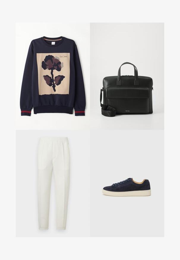 Mornarska dukserica s središnjim bež panelom i velikim tamnim cvjetnim uzorkom. Rebrasti manžeti s crvenim akcentima. Mehak material.; Bele oprijete hlače z elastičnim pasom, z dvema stranskima žepoma in gladko, rahlo sijočo teksturo.; Morske suede nizke tenisice z zaobljenim nosom, off-white gumijastim podplatom in usklajenimi vezalkami; imajo kontrastno rjavo notranje podložitev.; Črna usnjena aktovka z dvema zgornjima ročajema, sprednjo žepno in odstranljivim trakom, ki na dnu vsebuje diskretno blagovno oznako.