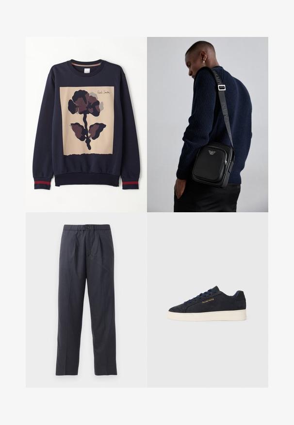 Hanorac bleumarin cu un panou central bej și un imprimeu floral mare în culori închise. Manșete ribbate cu accente roșii. Material moale.; Pantaloni în nuanțe închise de bleumarin, realizați dintr-un material moale, cu un design plisat în față și talie elastică. Prezintă un închizător cu nasture și o croială dreaptă.; Adidași cu talpă joasă din suede bleumarin, cu talpă albă, șireturi bleumarin și logo-ul 'Filling Pieces' în aur pe lateral.; Geantă crossbody din piele neagră, cu un compartiment cu fermoar, detaliu cu logo și o curea ajustabilă cu marcă. Pură împotriva unui pulover texturat de culoare bleumarin.