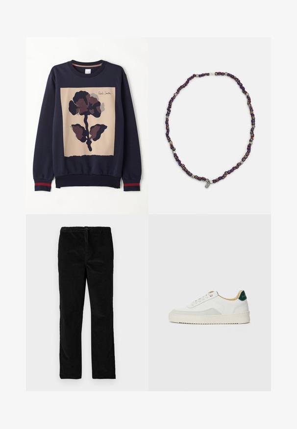 Mornarska dukserica s središnjim bež panelom i velikim tamnim cvjetnim uzorkom. Rebrasti manžeti s crvenim akcentima. Mehak material.; Črne ravne sametne hlače z elastičnim pasom in sprednjim vrvico, prikazane na enobarvni beli podlagi.; Bela trenerka z zaključki iz semiša, okroglo konico, ravne vezalke in kremna gumijasta podplata. Ima zeleno blagovno znamko na peti.; Večbarvna ogrlica iz perlic z temno modrimi, rdečimi in rumenimi perlicami, prepletenimi s srebrnimi poudarki in visečim čarom.