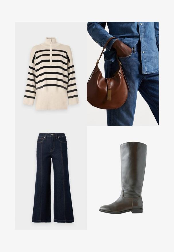 Pull beige avec des rayures noires horizontales, col montant et fermeture zippée à un quart. Fabriqué en matière tricotée avec des manches amples.; Chemise blanche à manches longues avec col classique, fabriquée en tissu léger, dotée d'une fermeture à boutons et d'une coupe légèrement ample.; Jeans oversized en denim foncé. Présente une taille haute, deux poches avant et des coutures orange contrastantes le long des coutures.; Botte en cuir marron montant, avec une texture lisse, un bout arrondi et peu de détails de couture. Semelle plate avec un petit talon.; Sac en cuir marron de style hobo avec une forme arrondie, mettant en avant un accent en métal doré et des coutures contrastantes. Assorti à une chemise en denim et un jean.