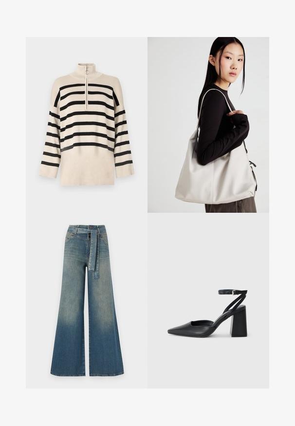 Bežinė megztinė su juodais horizontaliais dryžiais, aukštu apykakle ir ketvirčio užtrauktuku. Pagaminta iš megztos medžiagos su laisvai krentančiomis rankovėmis.; Platus džinsinis kelnes su šviesiai tamsiai mėlynu gradientu, aukštu juosmeniu, diržo kilpomis ir atitinkančiu audinio diržu. Textūruotas džinsinis paviršius.; Juoda odinė smailiagalė aukštakulnio bateliai su kulkšnies dirželiu ir storu kulnu. Lygus paviršius, elegantiškas dizainas ir minimalistiška estetinė. ; Bežinė rankinė, pagaminta iš minkštos medžiagos, turinti laisvą dizainą, siuvinėtas detalės ir dvi petnešos. Tinkama kasdieniam naudojimui.